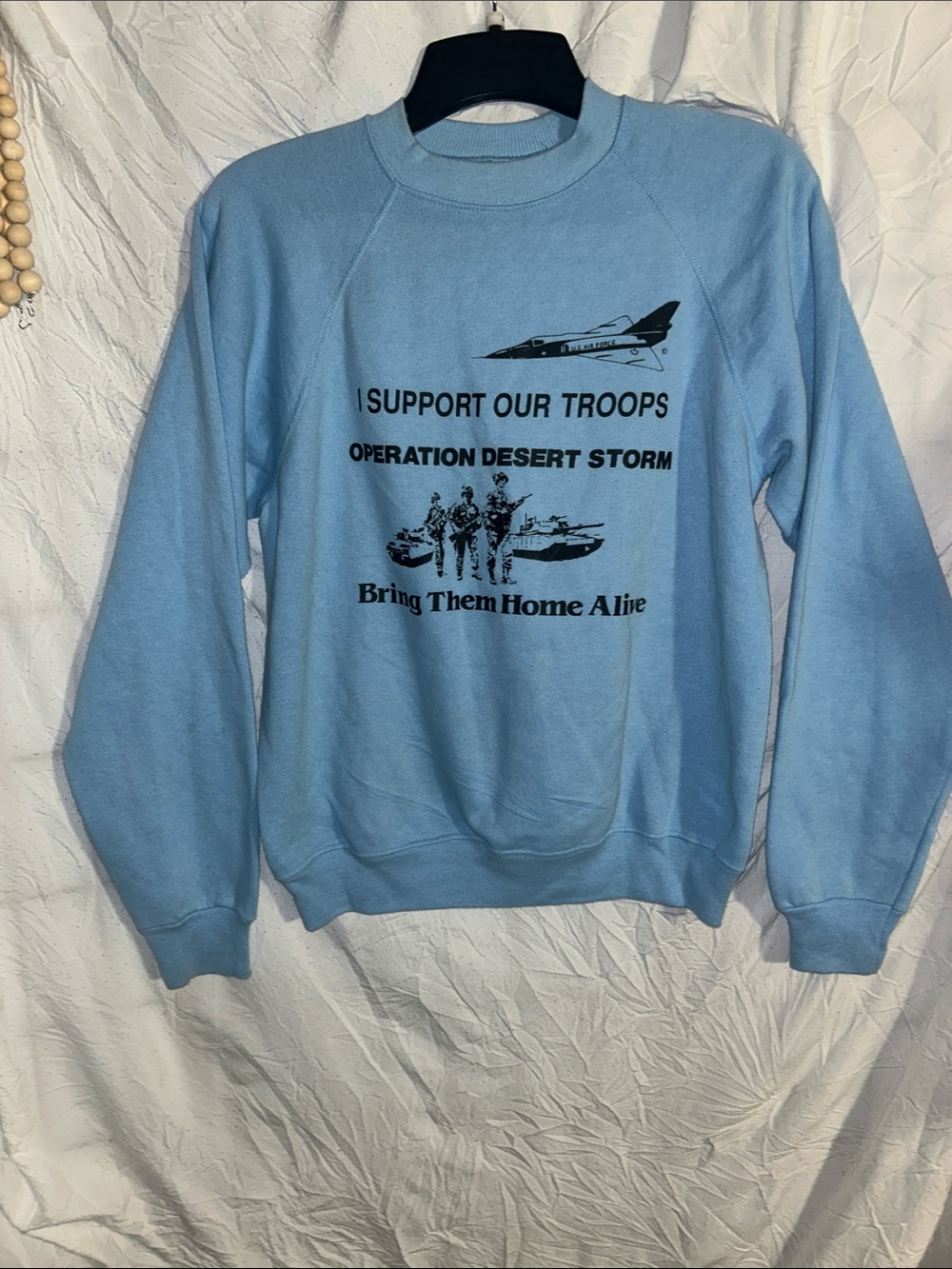 Hanes Light Blue Crewneck Sweatshirt with Black Military Graphic size large